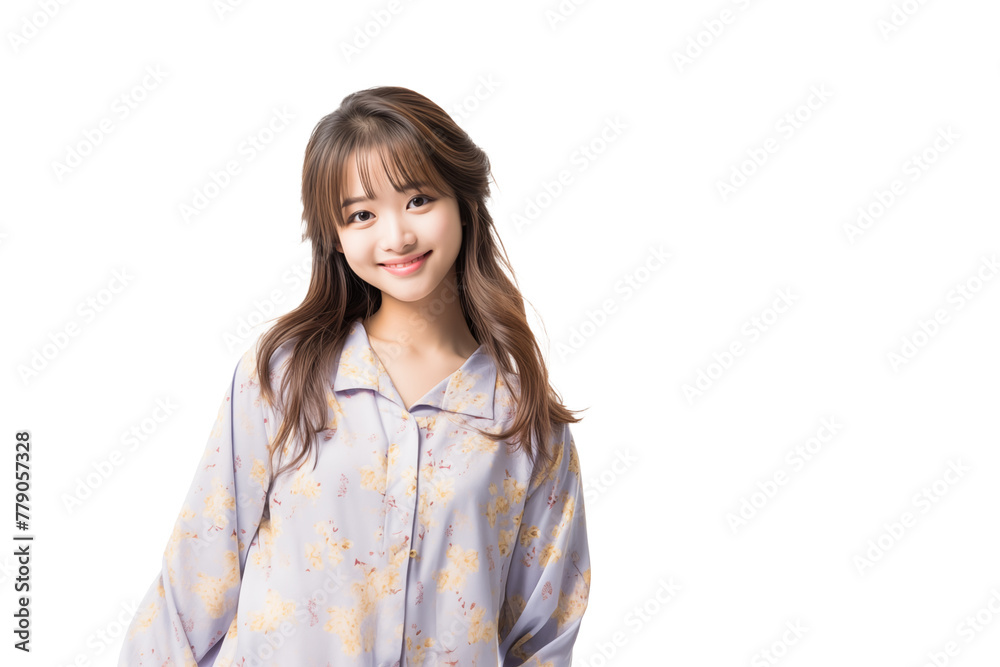 Teen pretty Japanese girl in pajamas on isolated chroma key background Teen pretty Japanese girl in pajamas on isolated chroma key background
