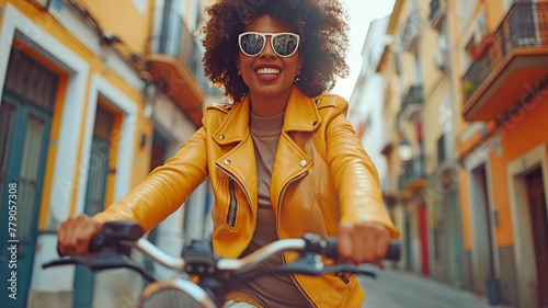 Positive African American woman on an electric bicycle in a city