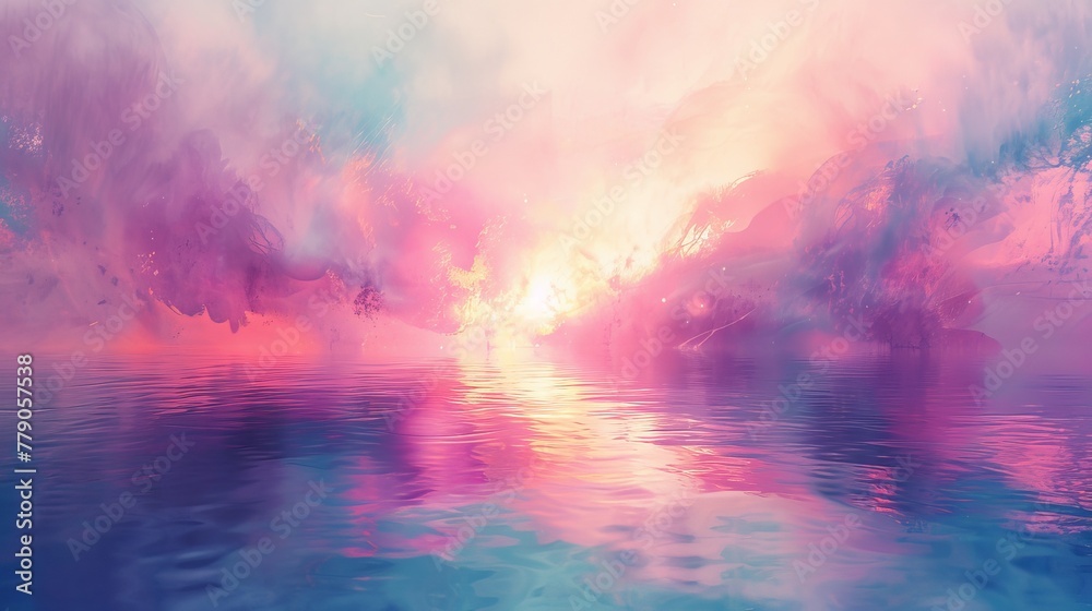 A serene scene with soft pink clouds reflecting over tranquil water, invoking a surreal and dreamlike atmosphere.