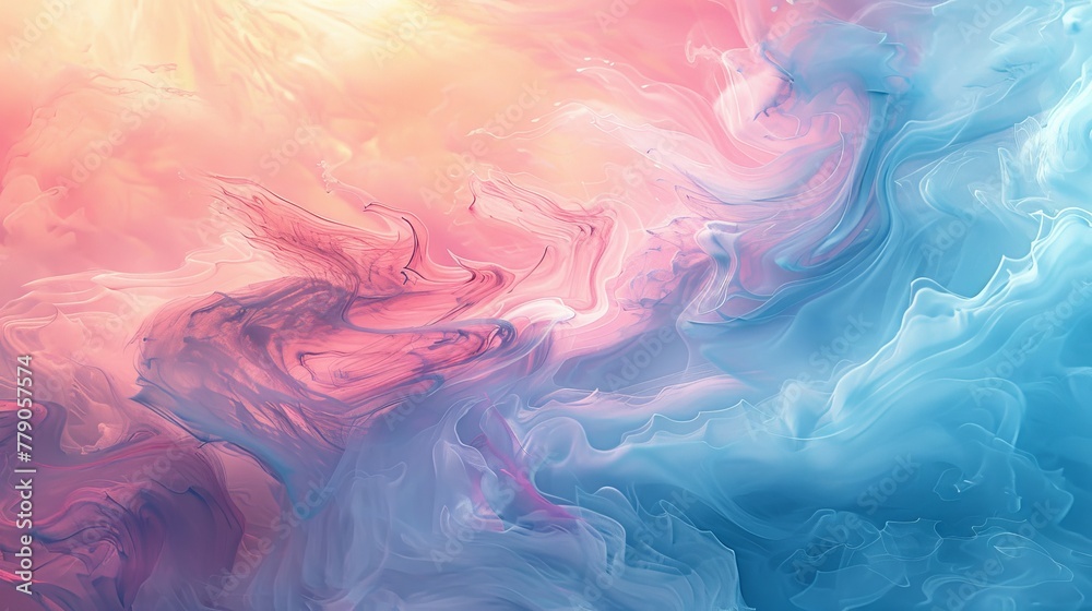 An abstract interpretation of swirling clouds with a harmonious blend of pink and blue, creating a fluid and dynamic atmosphere reminiscent of a pastel sky.