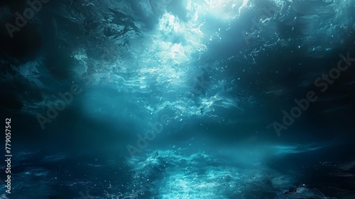 A mysterious and moody underwater scene with light rays filtering through the ocean's surface into the abyss.
