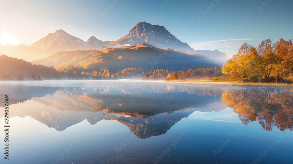 Mountain landscape at sunrise, Nature photography, Reflection in a lake