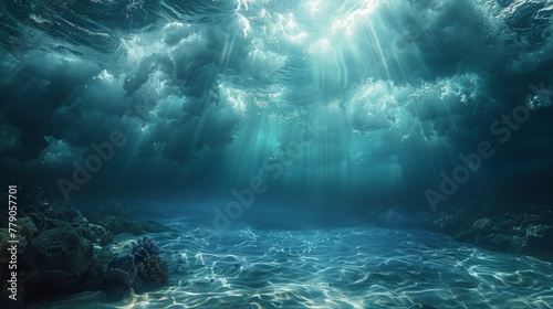 Dramatic beams of sunlight break through the ocean surface, casting a heavenly glow over the coral seabed.