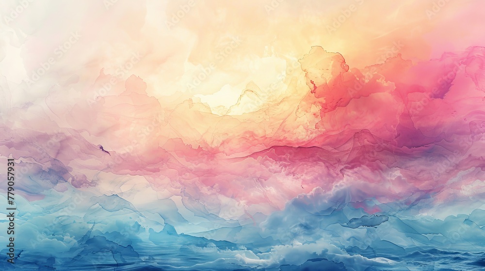This piece presents a delicate cloudscape, rendered in soft watercolor, with the warm glow of dawn caressing ethereal cloud formations. This piece presents a delicate cloudscape, rendered in soft watercolor, with the warm glow of dawn caressing ethereal cloud formations.