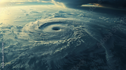 A swirling storm cloud with a hole in the center. The storm is very large and is surrounded by a lot of clouds
