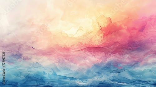 This piece presents a delicate cloudscape, rendered in soft watercolor, with the warm glow of dawn caressing ethereal cloud formations. © Wit_Photo