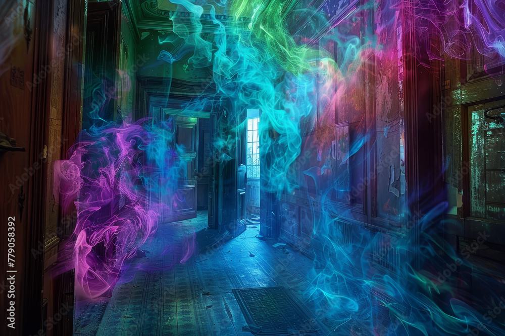 A room with a blue and purple smoke that is coming out of the door