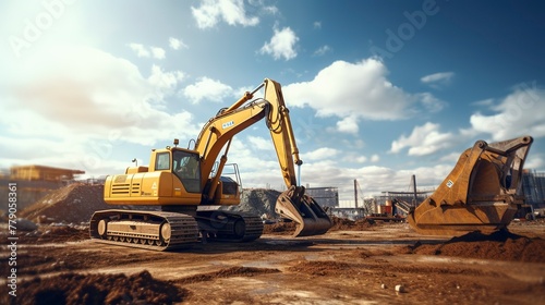 A photo of a construction site with earthmoving equipment