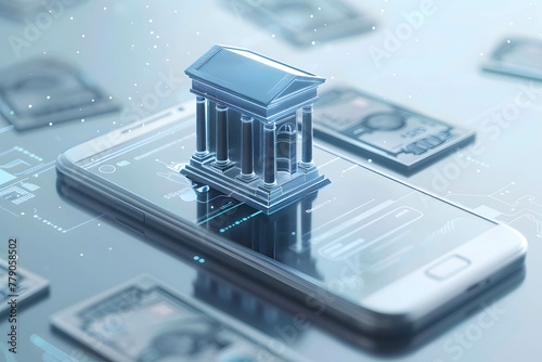 Bank model hovering on smartphone, online banking concept, digital money exchange, data and information on cloud commercial