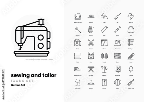 Sewing and tailor icons set such as, Needle, Thread, Sewing Machine, Scissors, Tape Measure, Pin Cushion, Thimble, Fabric, Bobbin, vector illustration