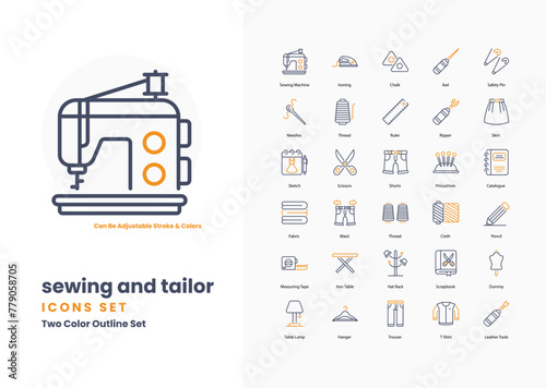 Sewing and tailor icons set such as, Needle, Thread, Sewing Machine, Scissors, Tape Measure, Pin Cushion, Thimble, Fabric, Bobbin, vector illustration photo