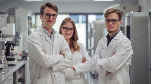 Three young scientists in white coats and safety glasses stand smiling at the camera  they have their arms crossed over each other s shoulders
