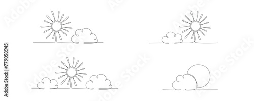 Sun and cloud set - hand drawing one single continuous line banner. Vector stock illustration isolated on white background for design template weather forecast, travel blog. Editable stroke. 