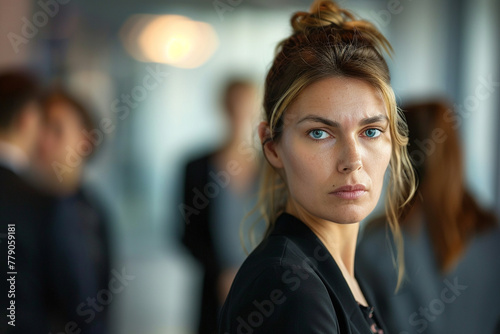 empathetic photo of the isolation of an unhappy businesswoman as coworkers whisper behind her back, with a subtly blurred background emphasizing the sense of alienation and discomf