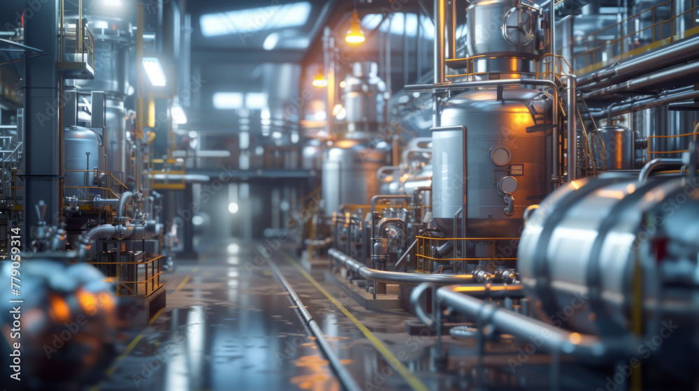 A busy chemical production plant with mixing vessels and purification systems, currently dormant but ready to manufacture chemicals for various industries