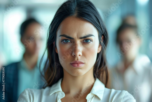 vulnerability of an unhappy businesswoman as coworkers conspire behind her back, with a softly blurred background conveying a sense of betrayal and mistrust in the workplace,