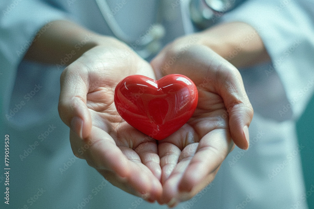 clean and minimalist photo showcasing a medicine doctor's hands cradling a red heart shape, representing dedication and commitment to patient well-being,