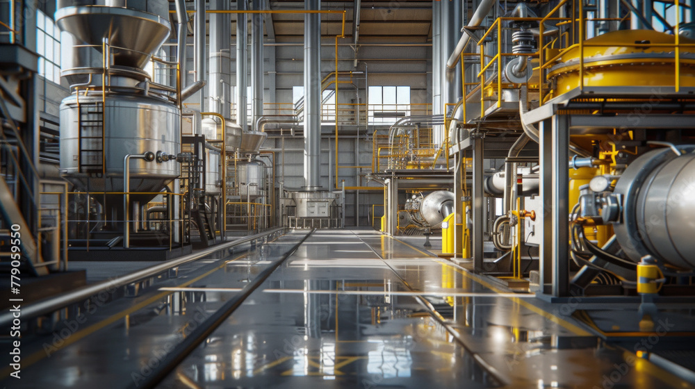 Fototapeta premium A busy chemical production plant with mixing vessels and purification systems, currently dormant but ready to manufacture chemicals for various industries