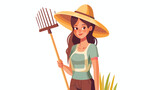 Woman with garden hat holding rake 2d flat cartoon