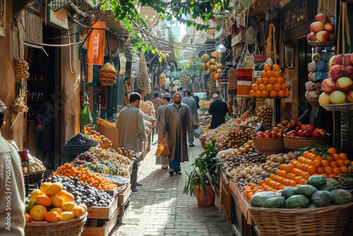 A close-up of a traditional market, with people selling and buying goods