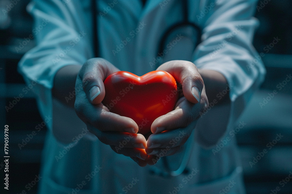 heartfelt photo of the essence of medical care with a medicine doctor holding a red heart shape, signifying dedication to saving lives and promoting health,