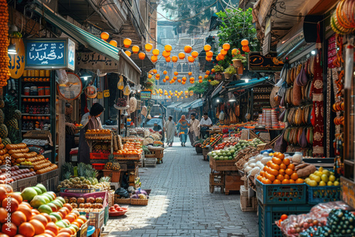 A close-up of a traditional market, with people selling and buying goods