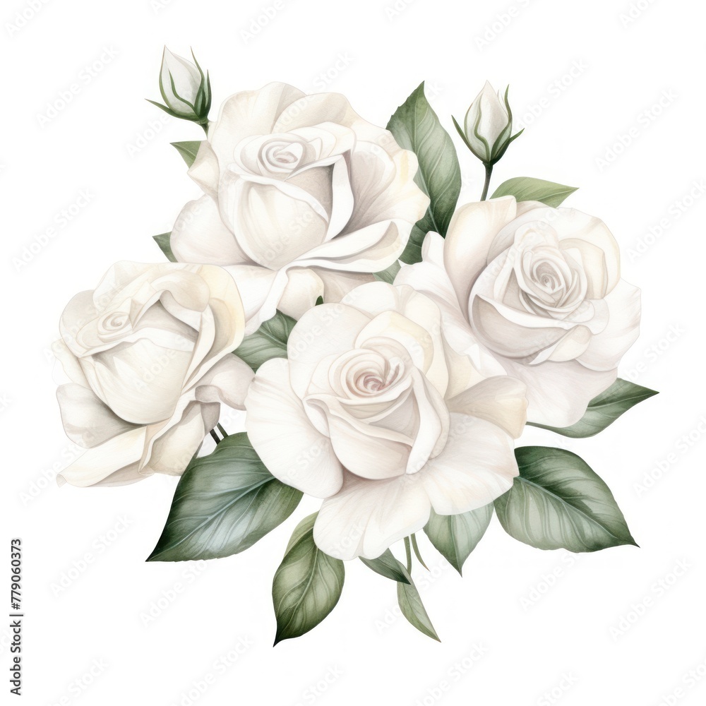 White roses watercolor clipart on white background, defined edges floral flower pattern background with copy space for design text or photo backdrop minimalistic 