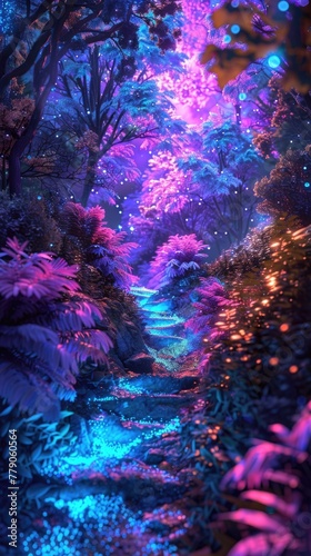 A hidden path through a mystical forest, where bioluminescent plants and starlight create a sparkling, dreamlike landscape, 3D illustration