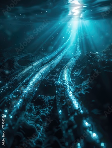 A hyperrealistic image of submarine fiberoptic cables snaking across the ocean floor, bathed in the eerie glow of bioluminescent creatures, 3D illustration