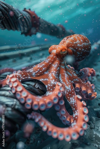 A hyperrealistic scene where an octopus curiously interacts with the bright fibers of a submarine cable, blending technology and nature under the sea, 3D illustration