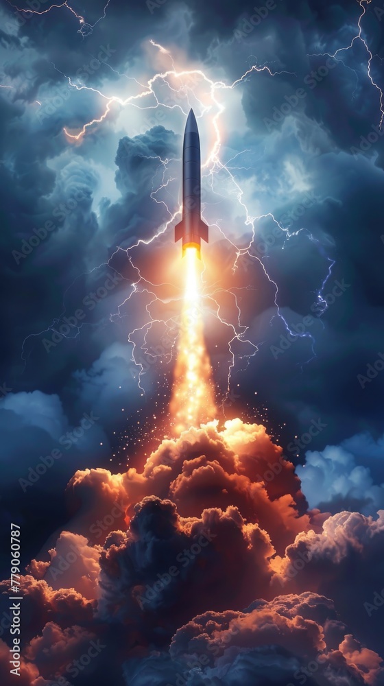 A missile's journey through a storm cloud, lightning illuminating its sleek form against the turbulent sky, 3D illustration