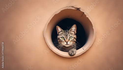 uriosity Captured: Adorable Cat Peeking Out from a Hole photo