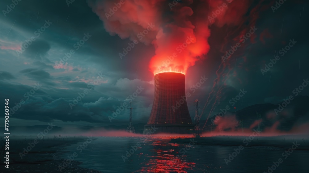 A nuclear reactor's cooling tower emitting fire instead of steam, under the ominous light of an emergency red siren, 3D illustration - obrazy, fototapety, plakaty 
