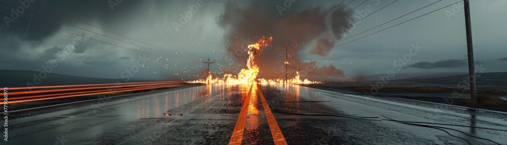 A power line downed by a storm, igniting a fire on a deserted highway, the flames reflecting off the wet asphalt, 3D illustration