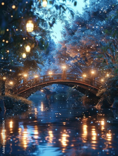 A narrow bridge over a tranquil river, bathed in the glow of starlight and soft, sparkling lanterns on either side, 3D illustration