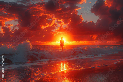 A silhouette of a person standing on a beach, watching the sunset