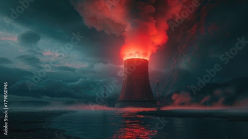 A nuclear reactor's cooling tower emitting fire instead of steam, under the ominous light of an emergency red siren, 3D illustration