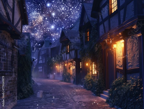 A quiet, starlit lane in a sleepy town, with windows sparkling from the warm light of hearths inside, 3D illustration © Pungu x