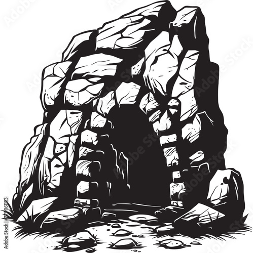 Ancient Enclave Stone Cave Vector Emblem Archaic Retreat Prehistoric Cave Logo Icon