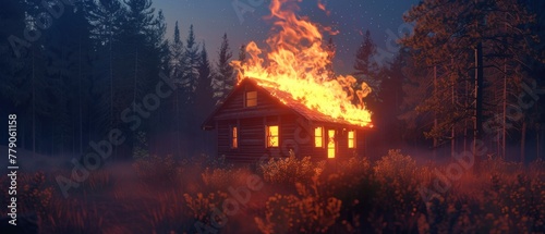 An emergency generator engulfed in flames in a remote forest cabin, casting a warm glow against the surrounding trees at night, 3D illustration