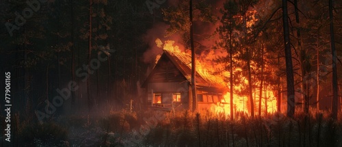 An emergency generator engulfed in flames in a remote forest cabin, casting a warm glow against the surrounding trees at night, 3D illustration