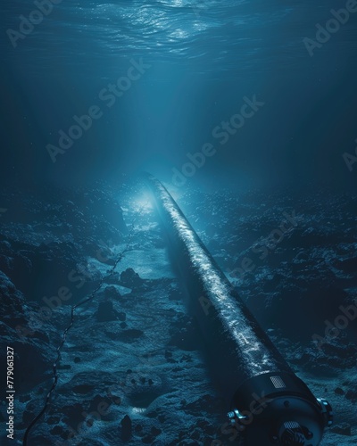 Hyperrealistic depiction of the moment a new submarine fiberoptic cable is gently laid on the ocean floor, its surface reflecting dim, distant light, 3D illustration