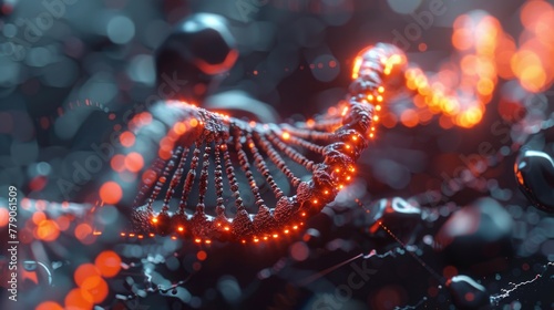 A close-up view of a nano-engineered DNA strand being read by a futuristic computer scanner, with moody backlighting emphasizing its complexity, 3D illustration