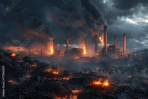 A coal power plant s storage yard on fire  the coal piles smoldering and casting a somber light over the industrial scene  3D illustration