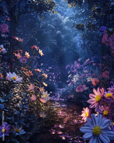 A dark  starlit path through a garden of night-blooming flowers  their petals sparkling with dew  3D illustration