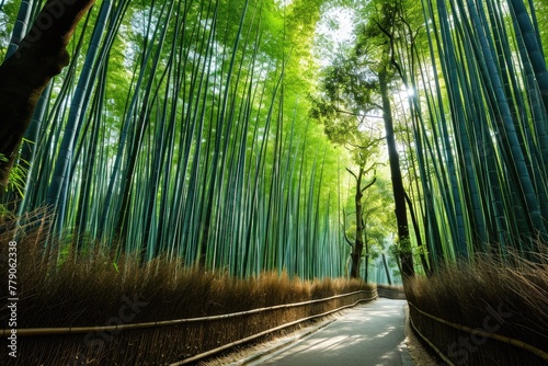 An enchanting bamboo forest path, A warriors path through a sacred bamboo forest, AI-generated