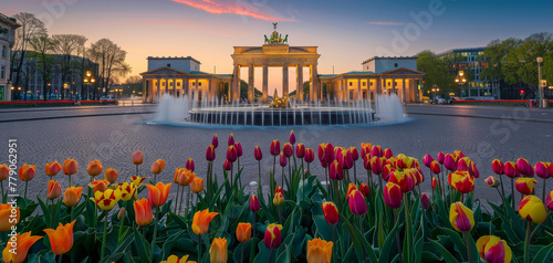 Berlin city, view of the illuminated Brandenburg Gate at Pariser Platz created with Generative AI technology photo
