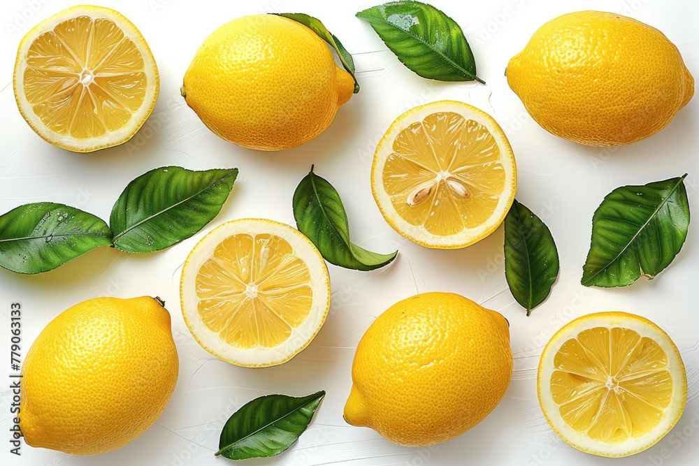 Lemon set of 6, sliced, full, half, with leaves, white background. Generative AI.