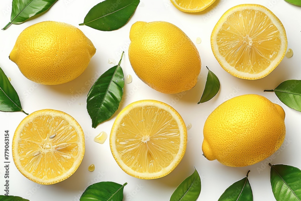 Lemon set of 6, sliced, full, half, with leaves, white background. Generative AI. Lemon set of 6, sliced, full, half, with leaves, white background. Generative AI.