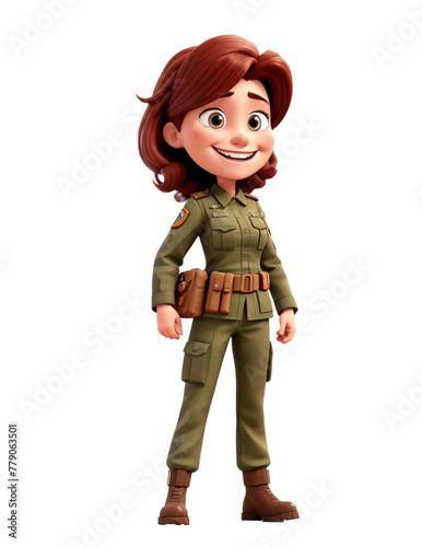 A woman in a military uniform is smiling and holding a book. A cartoon